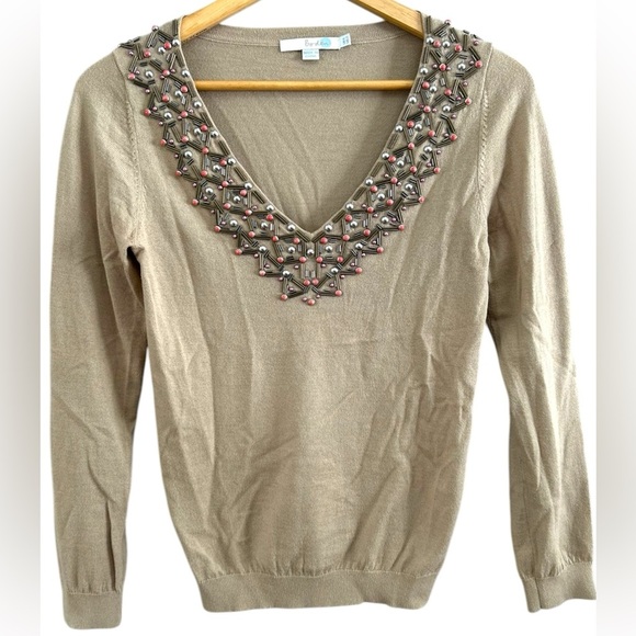 Boden Women's Tan Sand Embellished Beaded V Neck Wool Blend Sweater Size 2‎ XS - Picture 1 of 7